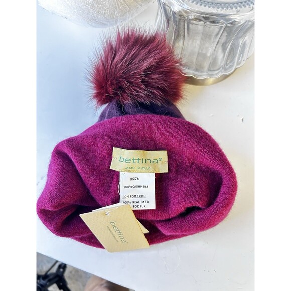 Bettina 100 Cashmere Beanie With Fox Pom Pom Purple  Plum NWT - Picture 4 of 6